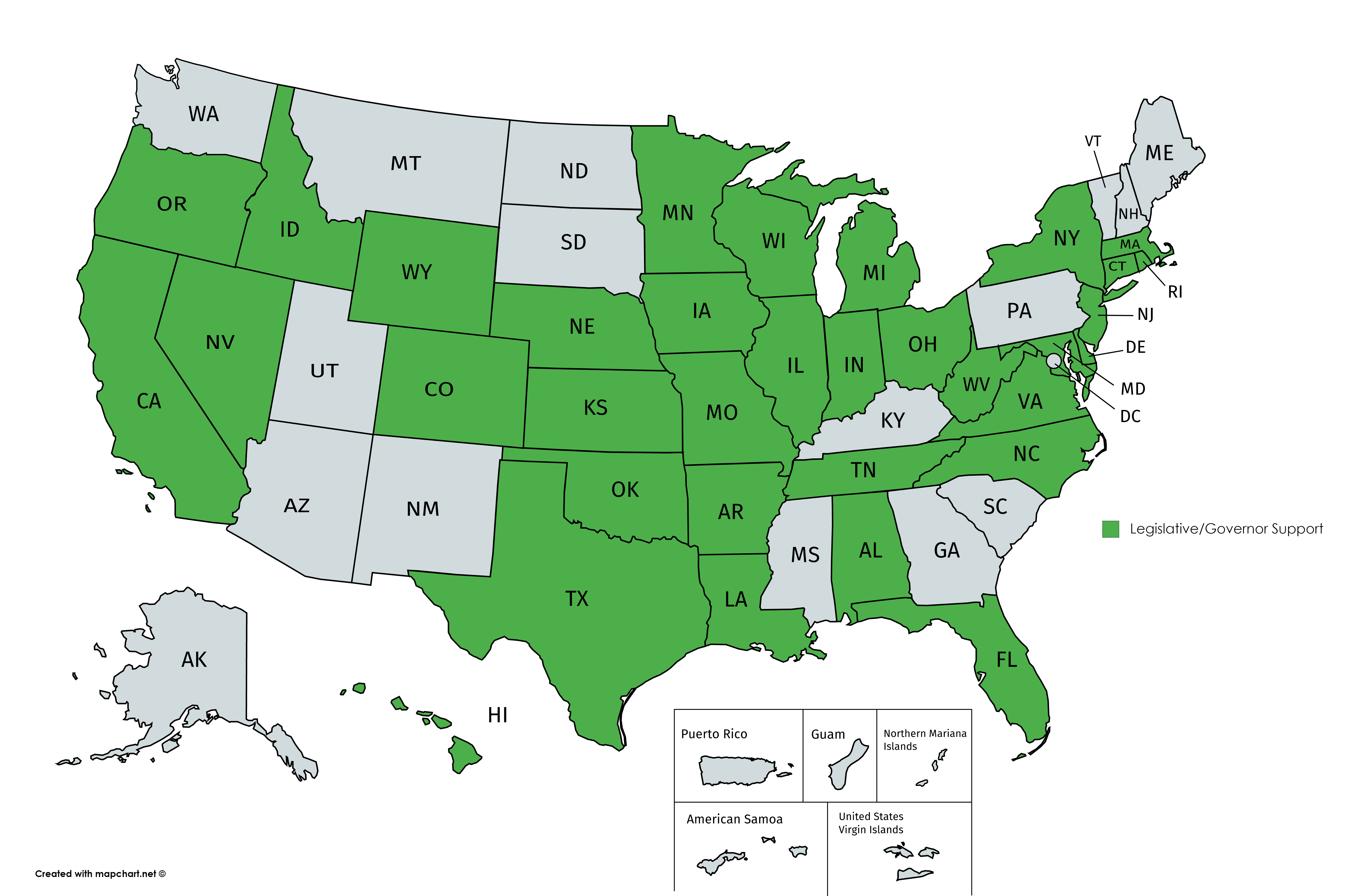 Map of states with Governor Legislative Support